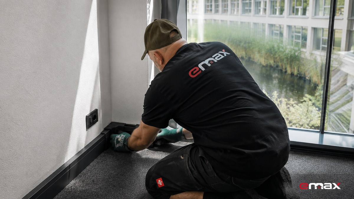 Monteur installiert einen Sockelleistenkanal im Hotelzimmer